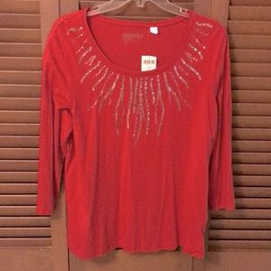 < NWT Chico’s Red Silver Sequin Top - L